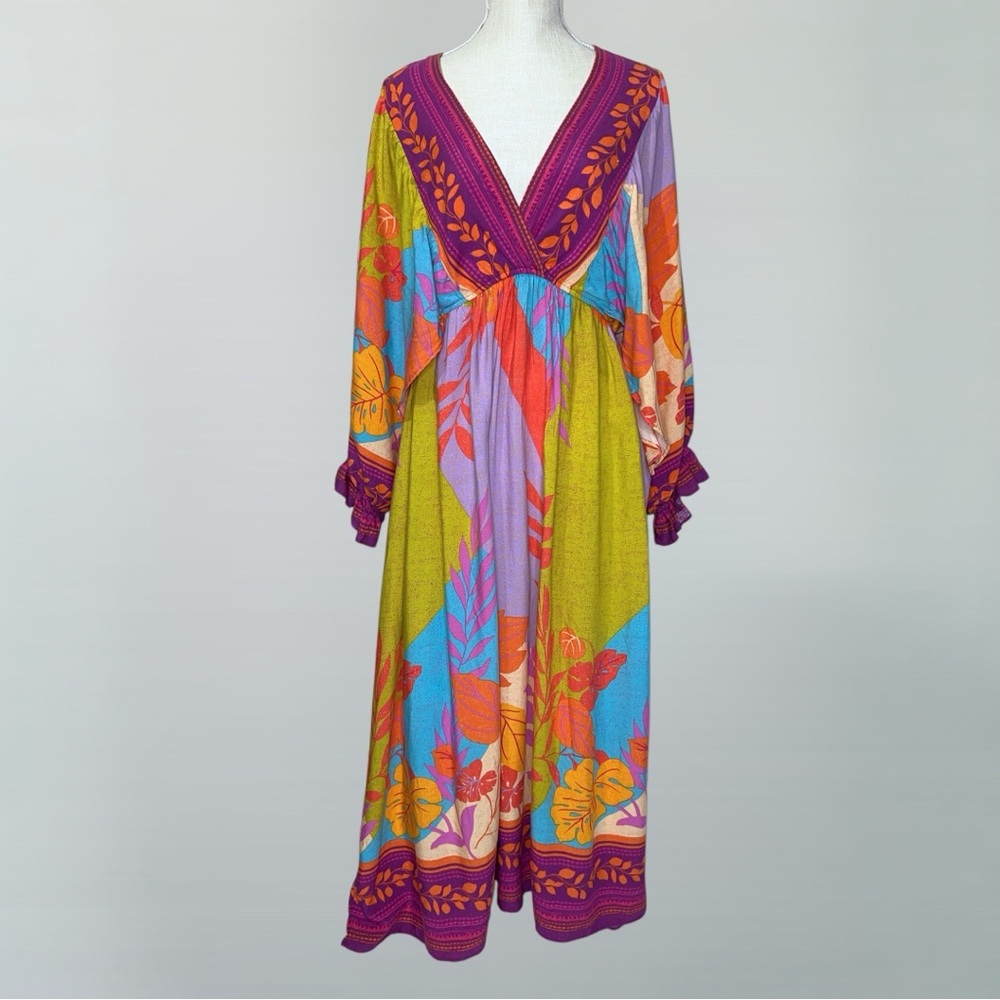 Easel Bright Boho Maxi Dress – Tropical Floral Print, Size Large